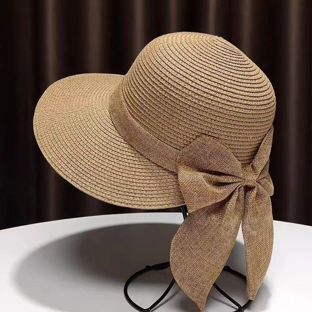 Bucket Hat Straw - Bowknot Sonnenhut Sommer atmungsaktive breite Krempe