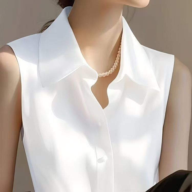 Shirt Camp Collar - Französisches Satin-POLO-Kragen-ärmelloses Weste-Shirt für Damen im
