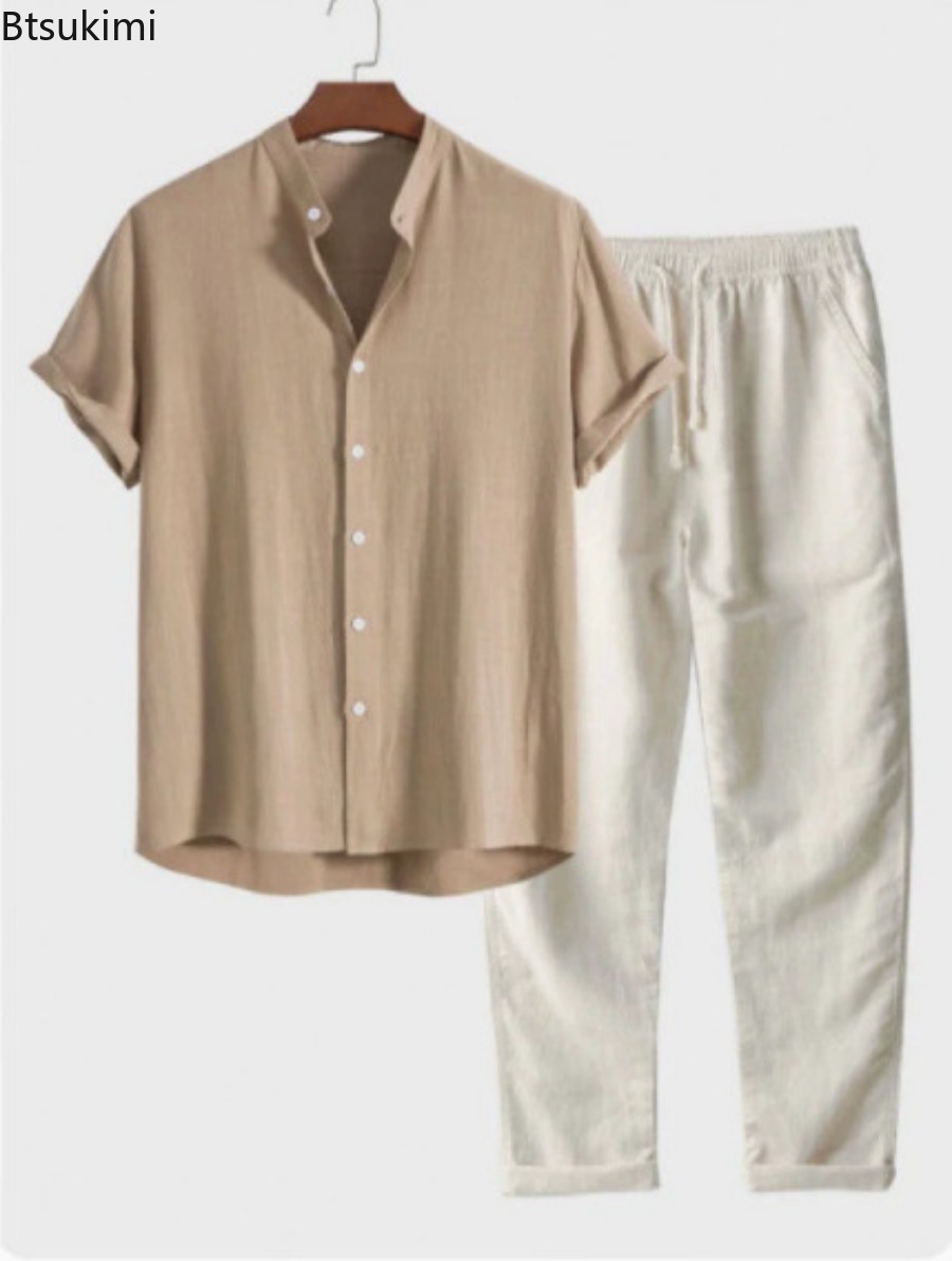 Linen Shirt Breathable - 2026 Herren Mode Einfarbiges Strand-Zweiteiler-Set Sommer
