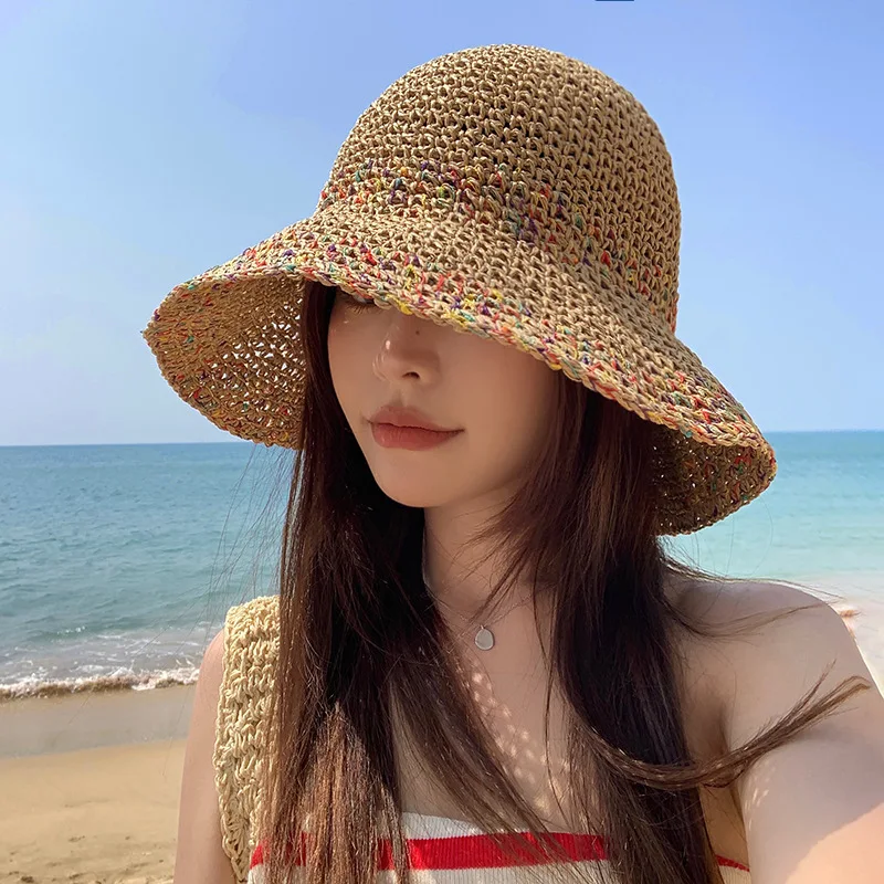 Bucket Hat Straw - Sommer-Sonnenhüte für Damen, Strohhut mit Gesicht,
