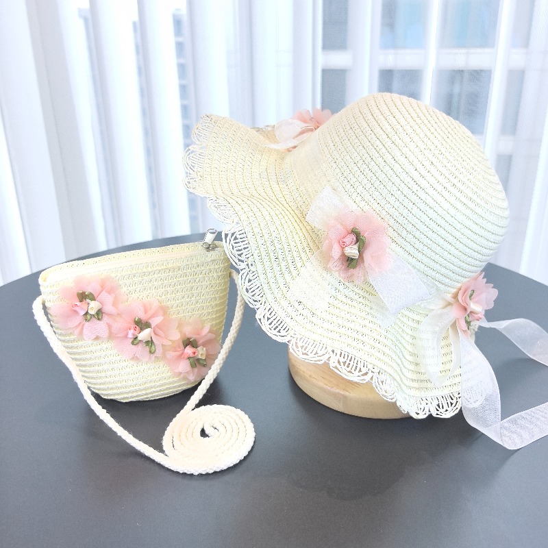 Bucket Hat Straw - Mädchen 2-teiliger Strohhut Einfarbiger Outdoor-Reise-Sonnenhut Blumenmuster