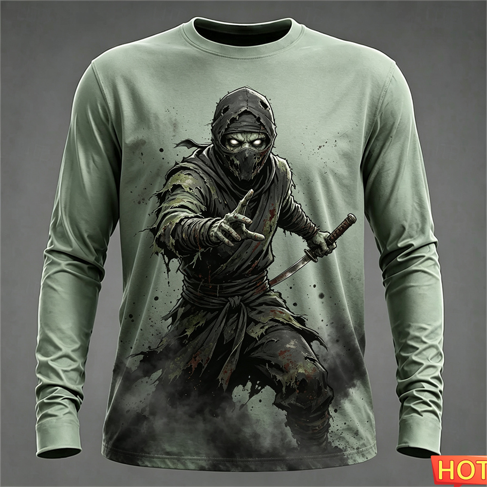 Tee Graphic Print - Herbst-Winter Herren Langarm-T-Shirts Halloween 3D Samurai